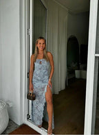 Elegante abito lungo da sera in chiffon con stampa floreale, senza spalline, con spacco, per festa, modello Y8238