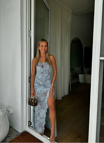 Elegante abito lungo da sera in chiffon con stampa floreale, senza spalline, con spacco, per festa, modello Y8238