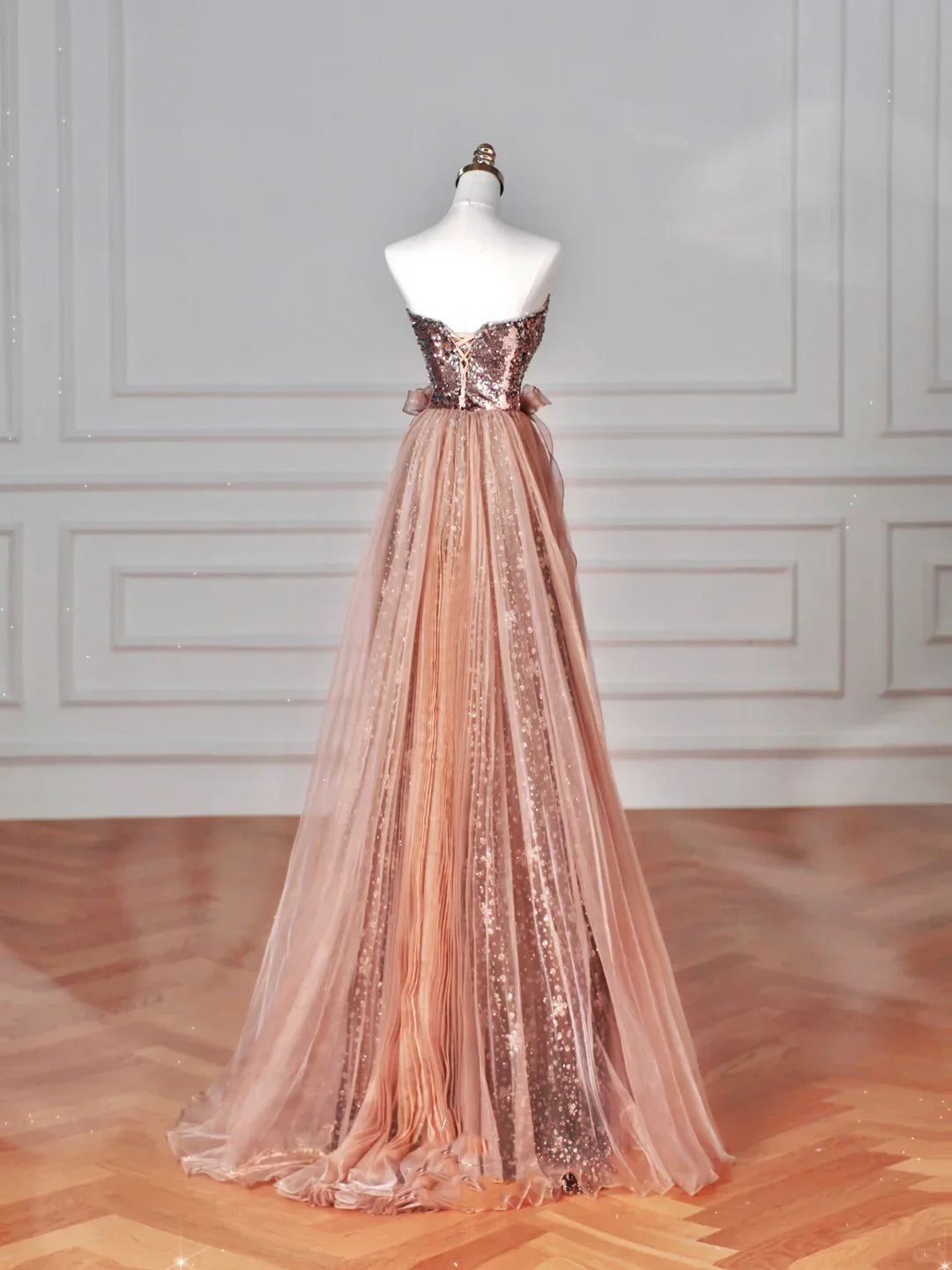 Abito da sera vintage senza spalline in tulle con paillettes e perline, linea a trapezio, colore oro rosa Y8622