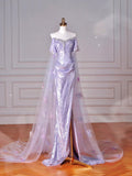Abito da sera lilla con paillettes, tulle perline, spacco da sirena, scollo a barca, applicazioni in tulle, abito da ballo Y8632