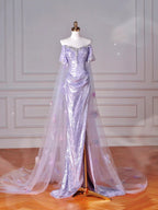 Abito da sera lilla con paillettes, tulle perline, spacco da sirena, scollo a barca, applicazioni in tulle, abito da ballo Y8632