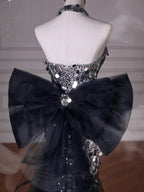 Abito da sera senza spalline in tulle con paillettes nere scintillanti, modello sirena, con fiocco Y8615