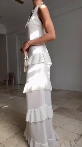 Abito da sera lungo bianco semplice con scollo a V in chiffon e balze, senza schienale Y8500