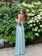 Blue A Line V Neck Beaded Back Tie Long Prom Dress