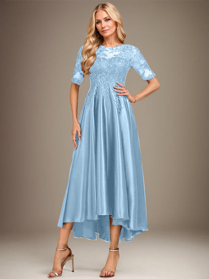 A-Linie, U-Ausschnitt, Illusion, asymmetrisch, Stretch-Satin, Spitze, Kleid für die Brautmutter mit Pailletten 
