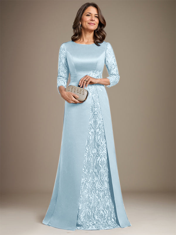 A-Line Scoop Floor-Length Lace Satin Mother Of the Bride Dress With Applique