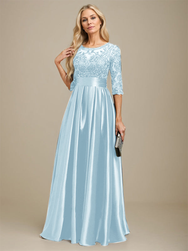 A-line Scoop Illusion Floor-Length Stretch Satin Lace Mother of the Bride Dress With Bow Sequins