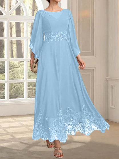 A-Linie, U-Ausschnitt, Illusion, knöchellang, Spitzen-Chiffon, Kleid für die Brautmutter mit Pailletten 