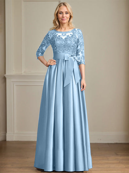A-Linie, U-Ausschnitt, Illusion, bodenlanges Satin-Spitzenkleid für die Brautmutter mit Paillettenschleife 