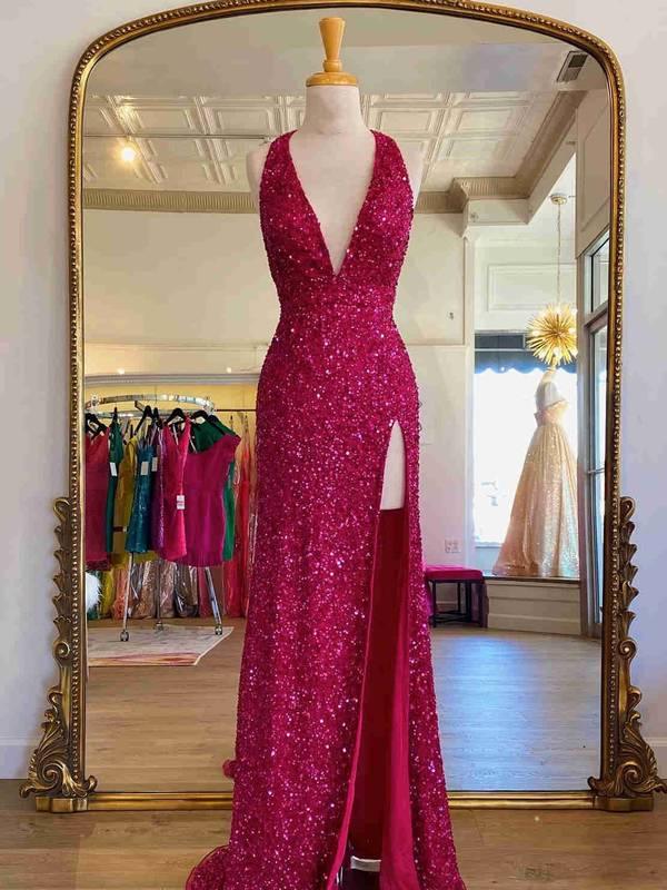 Abito da sera rosso senza schienale con paillettes e spacco Sunnderly SYP96