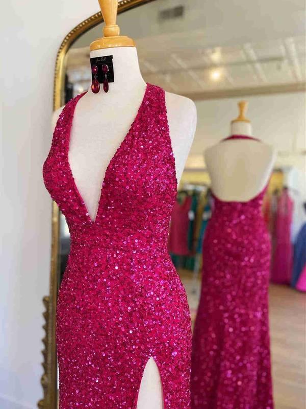 Abito da sera rosso senza schienale con paillettes e spacco Sunnderly SYP96