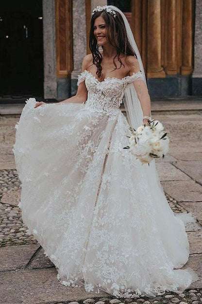 Ballkleid, schulterfrei, Tüll-Brautkleider mit Spitzenapplikationen