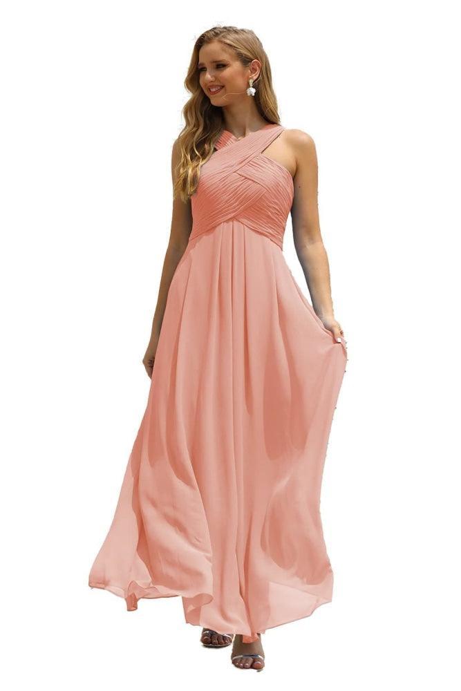 Vestido de Dama de Honra Halter em Chiffon para Mulher, Modelo A-Line, Longo, Formal, para Baile de Finalistas SEA28015