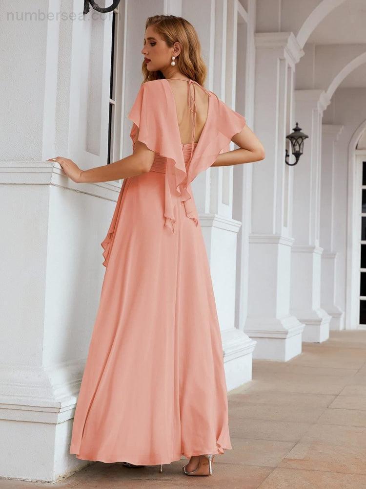 Vestidos de Madrinha em Chiffon Longos para Ocasiões Formais e Baile de Finalistas Vestido para a Mãe da Noiva com Mangas Esvoaçantes     SEA28040