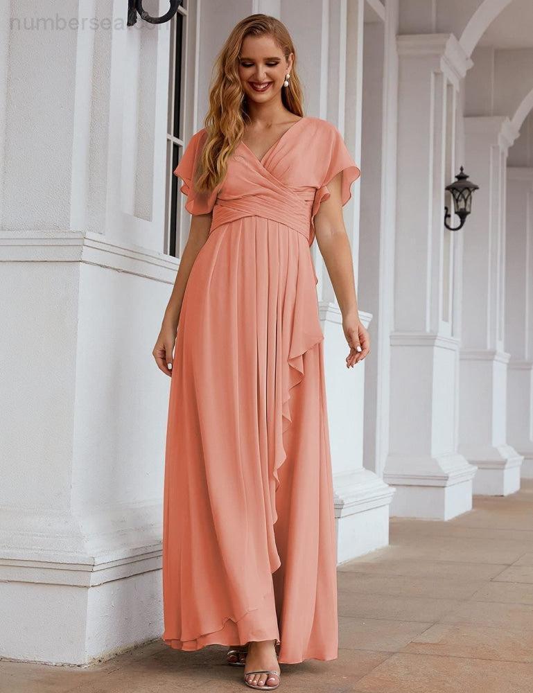 Vestidos de Madrinha em Chiffon Longos para Ocasiões Formais e Baile de Finalistas Vestido para a Mãe da Noiva com Mangas Esvoaçantes     SEA28040