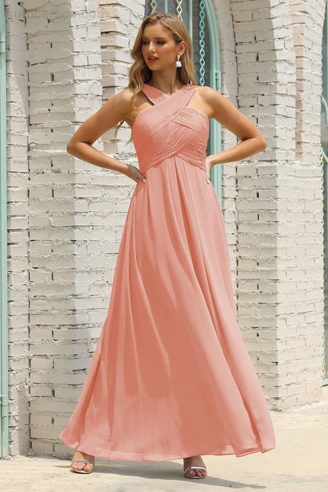 Vestido de Dama de Honra Halter em Chiffon para Mulher, Modelo A-Line, Longo, Formal, para Baile de Finalistas SEA28015