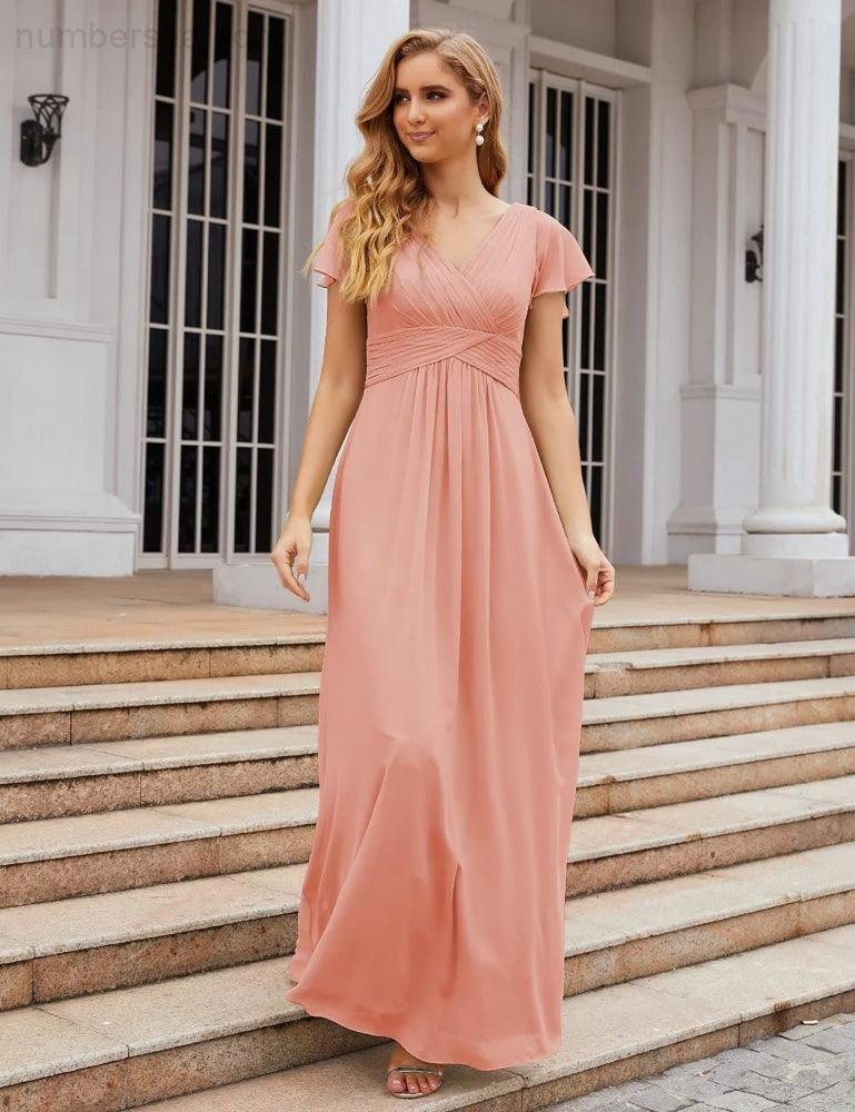 Vestido de Dama de Honra em Chiffon Numbersea, Mangas Curtas, Vestido Longo para Baile, Festa, Casamento, Vestidos para a Mãe da Noiva para Mulheres SEA28047