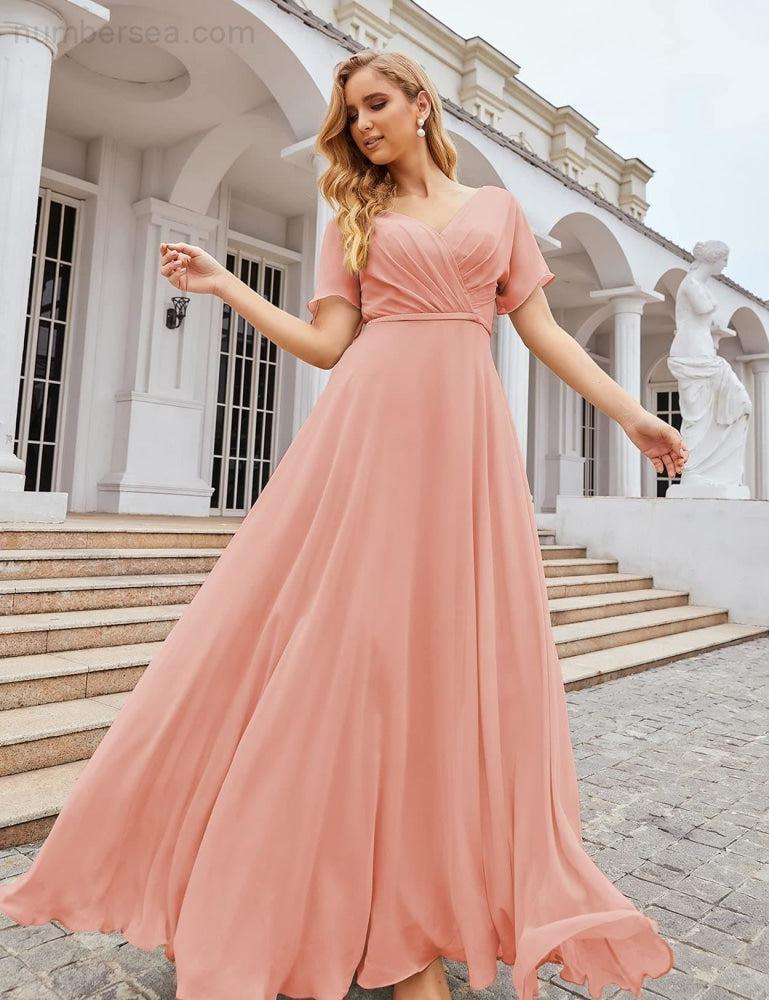 Vestido de Dama de Honra Longo de Chiffon com Decote em V e Cintura Envolvente para Convidados de Casamento  SEA28049