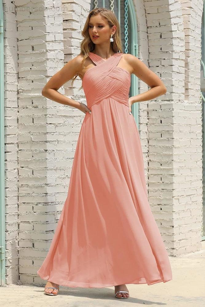 Vestido de Dama de Honra Halter em Chiffon para Mulher, Modelo A-Line, Longo, Formal, para Baile de Finalistas SEA28015