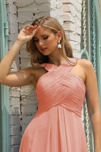 Vestido de Dama de Honra Halter em Chiffon para Mulher, Modelo A-Line, Longo, Formal, para Baile de Finalistas SEA28015