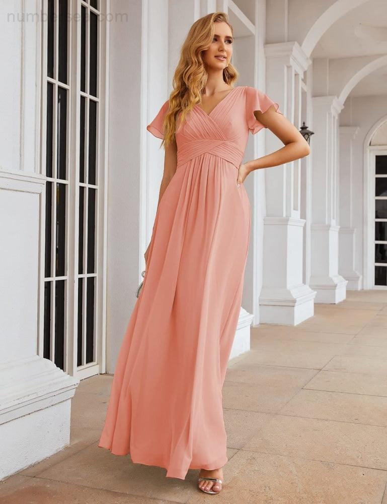 Vestido de Dama de Honra em Chiffon Numbersea, Mangas Curtas, Vestido Longo para Baile, Festa, Casamento, Vestidos para a Mãe da Noiva para Mulheres SEA28047