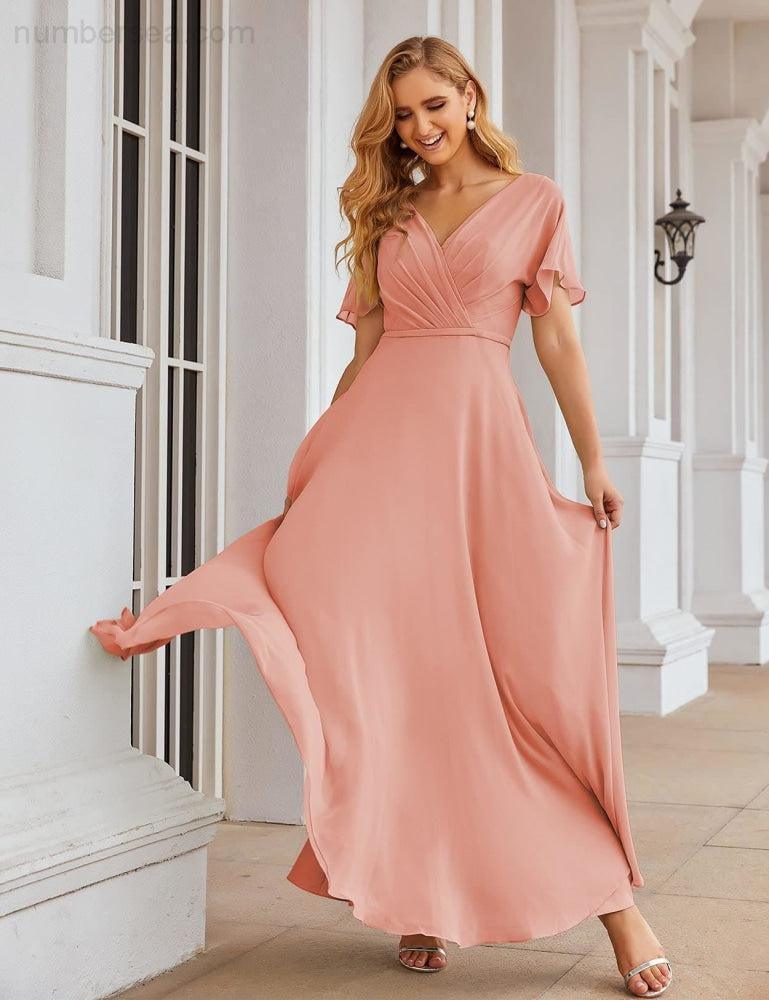 Vestido de Dama de Honra Longo de Chiffon com Decote em V e Cintura Envolvente para Convidados de Casamento  SEA28049