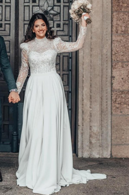 Bellissimi abiti da sposa lunghi a linea ad A con collo alto in pizzo e chiffon con maniche lunghe