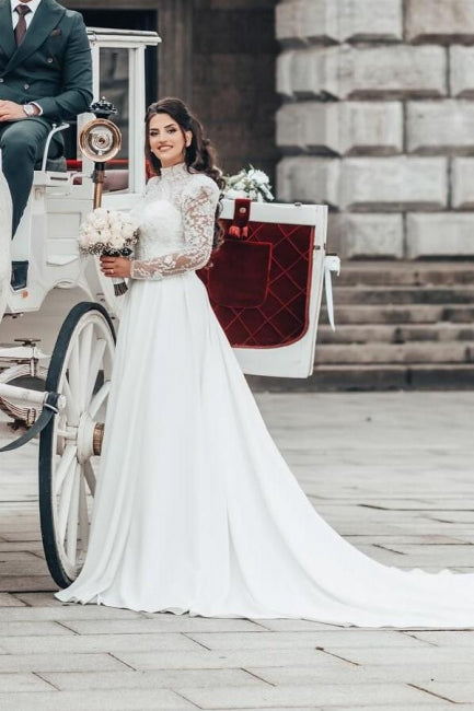 Bellissimi abiti da sposa lunghi a linea ad A con collo alto in pizzo e chiffon con maniche lunghe