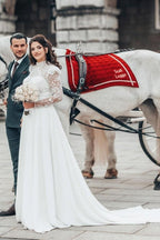 فساتين زفاف طويلة بأكمام طويلة وياقة عالية من الدانتيل والشيفون بتصميم على شكل حرف A جميلة