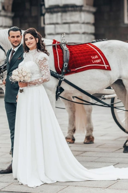 فساتين زفاف طويلة بأكمام طويلة وياقة عالية من الدانتيل والشيفون بتصميم على شكل حرف A جميلة