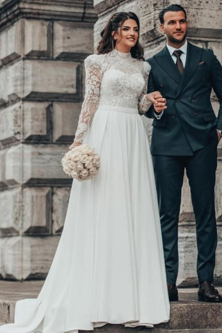 فساتين زفاف طويلة بأكمام طويلة وياقة عالية من الدانتيل والشيفون بتصميم على شكل حرف A جميلة