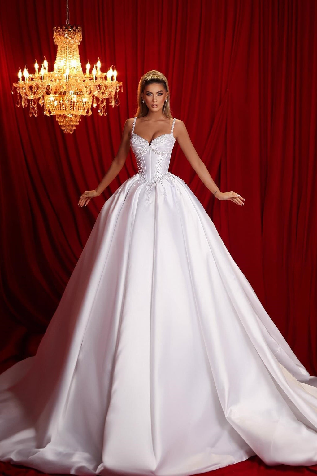 A Line Spaghetti Straps Sleeveless Ruffled Satin Train White Long Wedding Dress