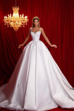 A Line Spaghetti Straps Sleeveless Ruffled Satin Train White Long Wedding Dress
