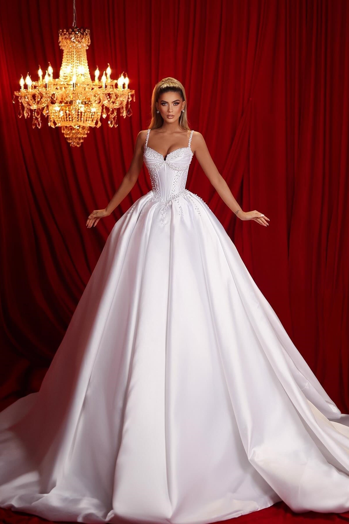 A Line Spaghetti Straps Sleeveless Ruffled Satin Train White Long Wedding Dress