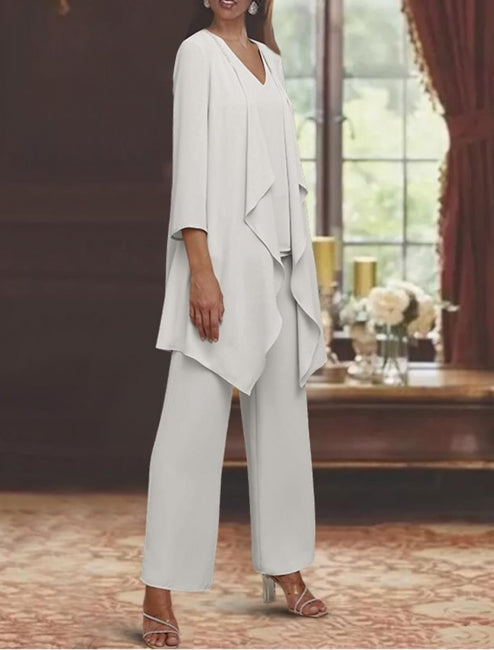 Bellissimo completo lungo in chiffon semplice per madre della sposa con scialle