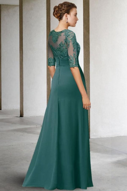 Magnifique robe longue verte en dentelle et mousseline de style trapèze pour mère de la mariée avec manches