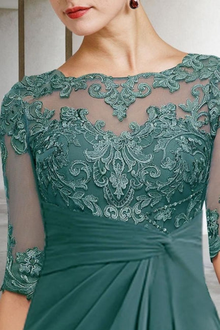 Magnifique robe longue verte en dentelle et mousseline de style trapèze pour mère de la mariée avec manches