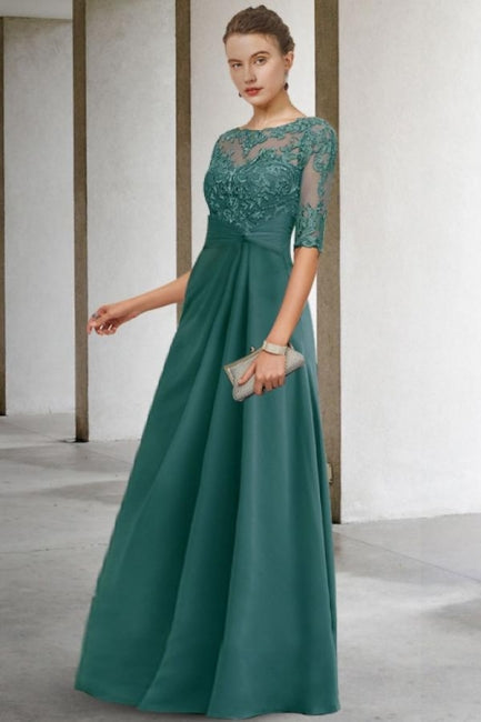 Magnifique robe longue verte en dentelle et mousseline de style trapèze pour mère de la mariée avec manches