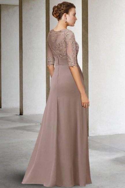 Magnifique robe longue verte en dentelle et mousseline de style trapèze pour mère de la mariée avec manches