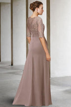 Magnifique robe longue verte en dentelle et mousseline de style trapèze pour mère de la mariée avec manches