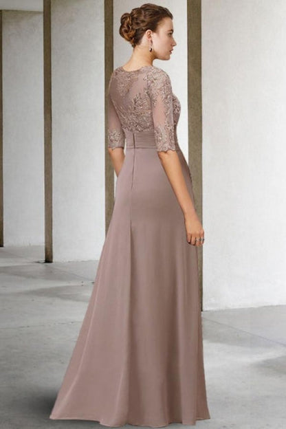 Hermosos vestidos largos de gasa con encaje verde en forma de A para madre de la novia con mangas