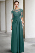 Magnifique robe longue verte en dentelle et mousseline de style trapèze pour mère de la mariée avec manches