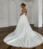 Ivory A Line Wedding Dress With Lace Spaghetti Straps And V Neck