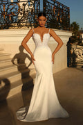 Ivory Long Mermaid Wedding Dress With Spaghetti Straps Lace Satin Corset