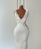 Ivory Mermaid Wedding Dress Satin Beaded V Neck Sleeveless