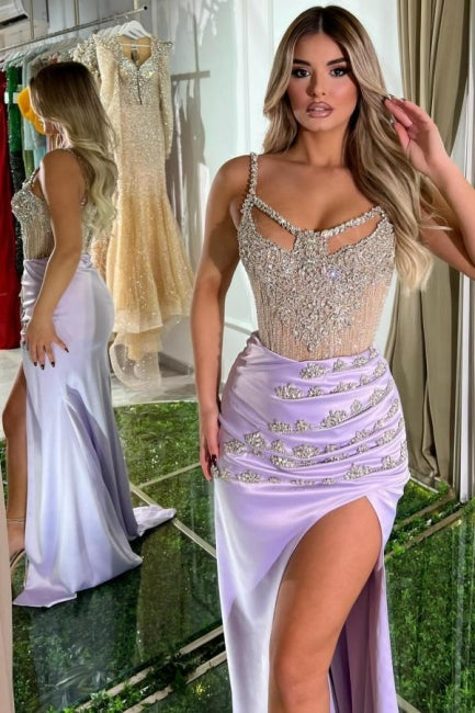 Belle robe de bal longue lilas sirène sans manches avec joyau et traîne