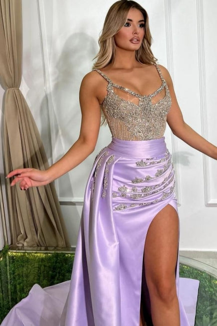 Belle robe de bal longue lilas sirène sans manches avec joyau et traîne