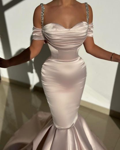 Beautiful Long Mermaid Off-the-shoulder Straps Satin Prom Dress With Train