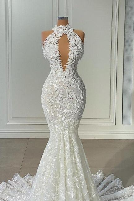 Hermoso vestido de novia largo de sirena sin mangas con encaje