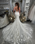 Long Mermaid White Wedding Dress With Lace Spaghetti Straps V Neck